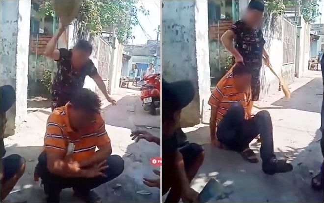 Vợ cầm chổi vụt liên tiếp vào lưng, xách cổ người chồng quá ham mê bài bạc lôi về tận nhà