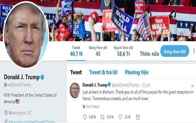 Tổng thống Trump đăng Twitter cảm ơn người dân Việt Nam vì sự đón tiếp nồng hậu