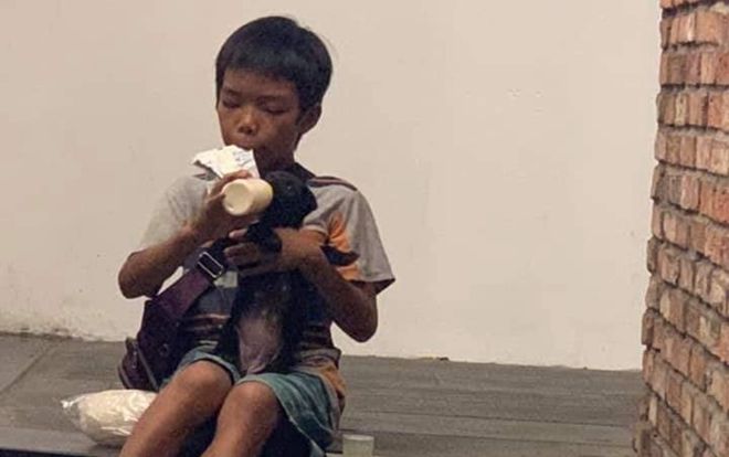 Cậu bé nghèo san sẻ túi sữa, phần ít mình uống phần nhiều dành hết cho em cún nhỏ khiến nhiều người cảm động