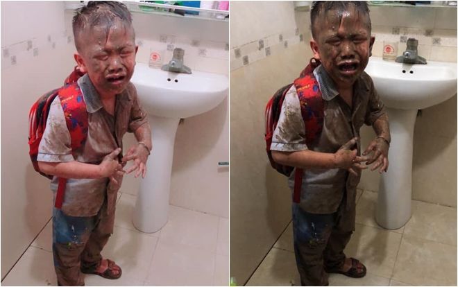 Cậu bé đi học về khóc mếu, toàn thân đầy bùn đất do mải bắt cua cá trở thành khoảnh khắc đáng yêu nhất MXH