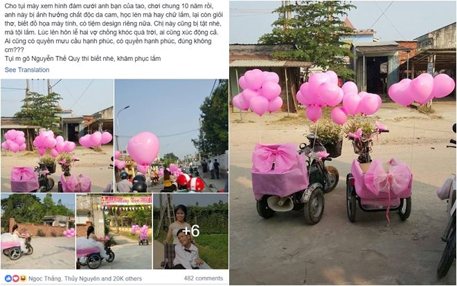 Xôn xao đám cưới màu hồng tưởng chỉ có trong truyền thuyết của cặp đôi cô dâu chú rể đều ngồi xe lăn