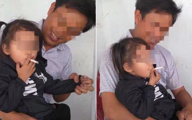 Hình ảnh bé gái tay cầm thuốc đưa lên miệng hút trong sự cười đùa vui vẻ của người đàn ông ngồi cạnh khiến nhiều người bức xúc