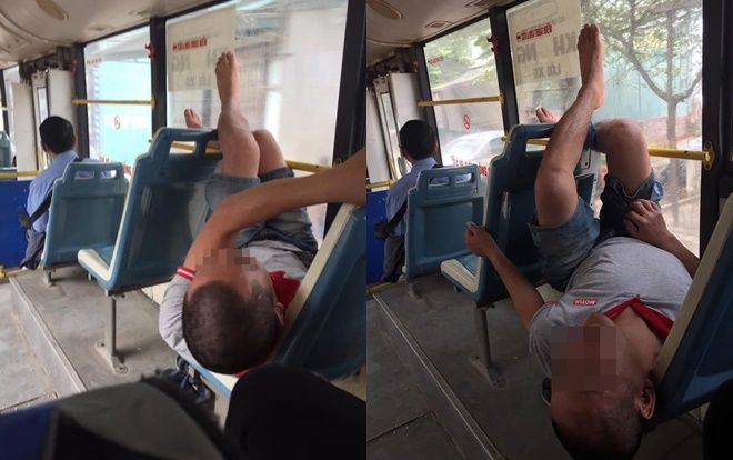 Người đàn ông thản nhiên ngồi vắt vẻo trên ghế xe buýt khiến nhiều người khó chịu