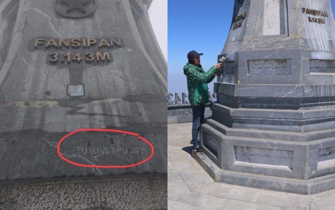 Kỹ thuật toát mồ hôi suốt hơn 1 giờ xoá dòng chữ 'Tú love Nhung' khắc trên cột cờ đỉnh Fansipan