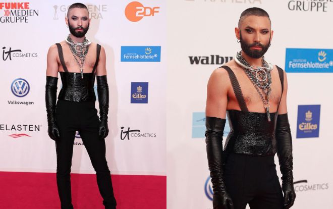 Quán quân Eurovison - Conchita Wurst gây sốc khi mặc corset 'hở trên kín dưới' lên thảm đỏ
