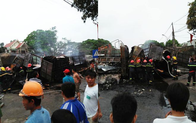 Hai ô tô tải cháy lớn sau va chạm, 2 người mắc kẹt tử vong