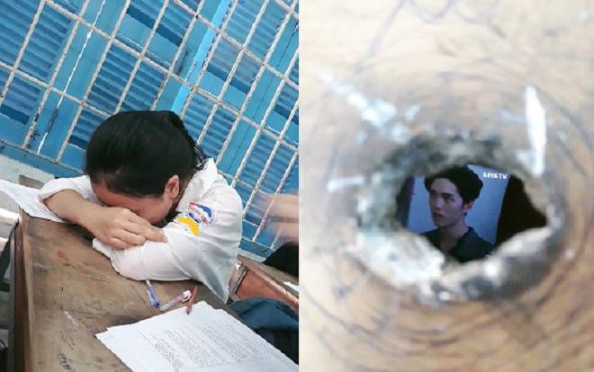 Tưởng bạn buồn bã gục đầu xuống bàn học khóc lóc, định tiến tới an ủi nhưng sự thật khiến ai cũng té ngửa