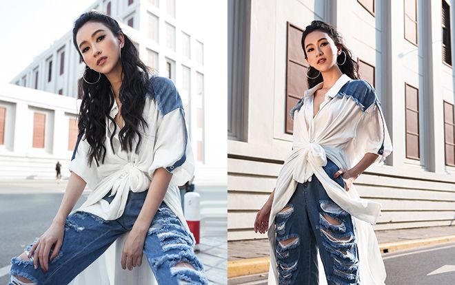 Trời nóng 40 độ, ai cũng choáng khi á hậu Hà Thu mặc quần jeans rách tả tơi dạo phố