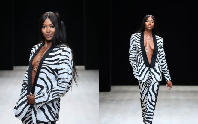 'Báo đen' Naomi Campbell thả rông cặp tuyết lê đầy uy lực trên sàn diễn thời trang