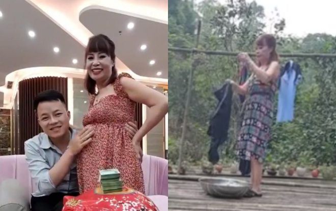 Khoe bầu đã vượt mặt, cô dâu 62 tuổi lại bất ngờ thong thả đi giặt áo cho chồng với chiếc bụng phẳng phiu