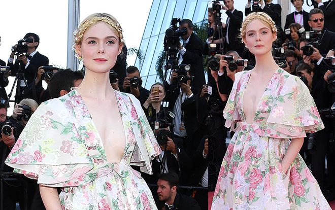 Nàng tiên Elle Fanning mặc váy hoa bồng bềnh, xẻ ngực sâu thăm thẳm trên thảm đỏ Cannes