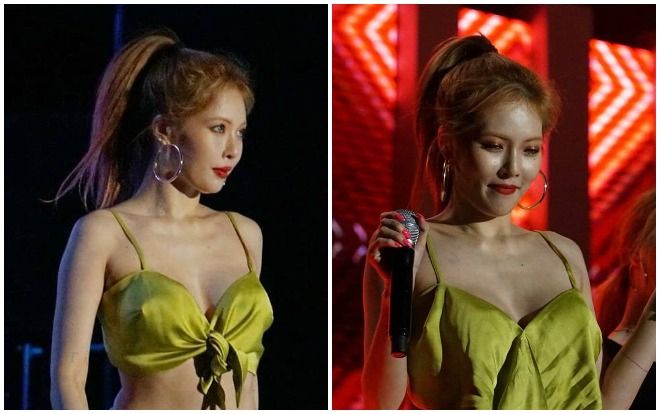Mặc áo hai dây mỏng manh Hyuna hớ hênh suýt lộ vòng 1 khi diễn trên sân khấu