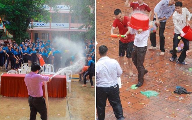 Khi các thầy hiệu phó 'chịu chơi', dùng cả thau, vòi cứu hỏa 'chiến đấu' với học sinh ném bóng nước