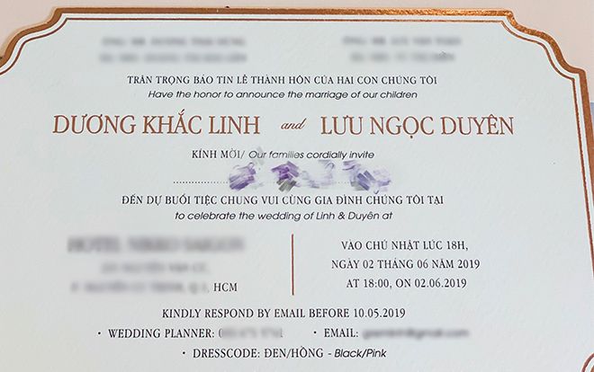 Lộ diện thiệp cưới chính thức của Dương Khắc Linh và Sara Lưu