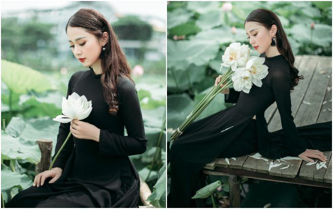 Không áo dài trắng mỏng tang, yếm rơi hờ hững - bộ ảnh phá cách với áo dài đen và bông sen trắng này lại được khen hết lời