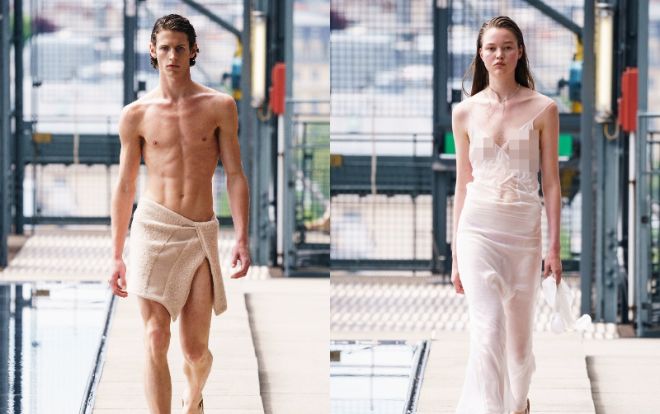 Dàn người mẫu gần như khỏa thân, quấn khăn, lộ vòng 1 trên sàn diễn Tuần lễ thời trang Paris