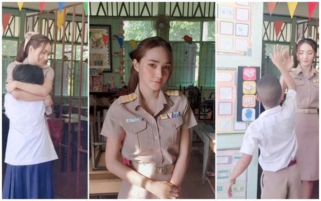 Ôm, high-five học sinh mỗi sáng, nữ giáo viên xinh đẹp gây sốt MHX