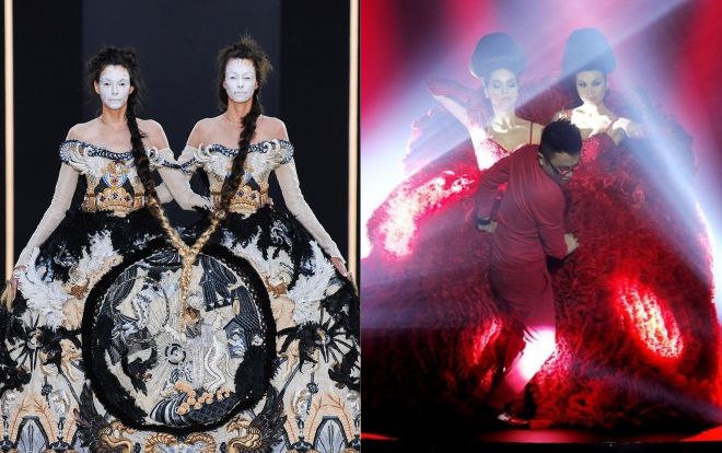 Guo Pei 'tròng' một chiếc váy cho 2 người mẫu, giới mộ điệu Việt Nam xem cứ nhớ đến BST của Công Trí năm nào