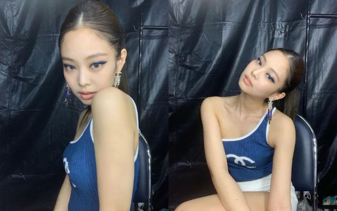 Jennie Black Pink lại làm dân tình sôi sục với eyeliner xanh biển tông xoẹt tông set đồ Chanel