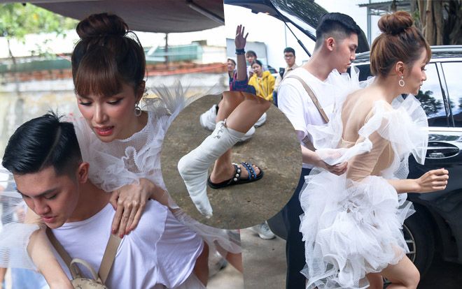 Hương Giang nhảy lò cò đến ghi hình The Voice Kids vì gãy xương chân