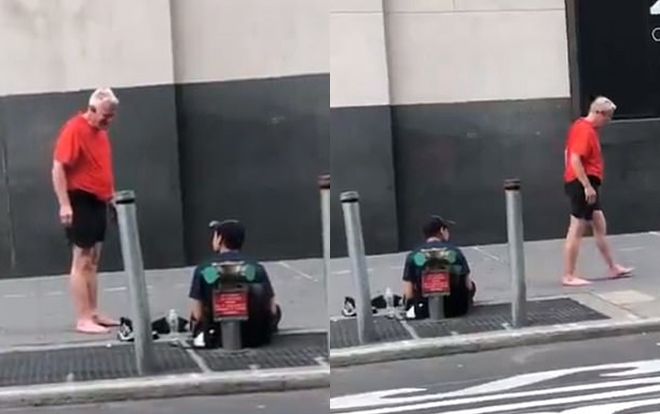 Khoảnh khắc ấm áp: Đang chạy bộ trên đường, ông lão tháo cả giày và tất tặng người vô gia cư