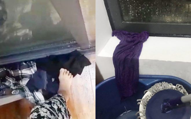 Căn hộ 3 tỉ vừa mua đã bị thấm, nước mưa bắn xối xả qua khe cửa kính tràn vào nhà khiến người dân khốn khổ cả đêm lau sàn