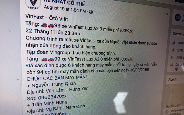 Hàng nghìn người lại mắc lừa 'tặng xe' VinFast trên Facebook