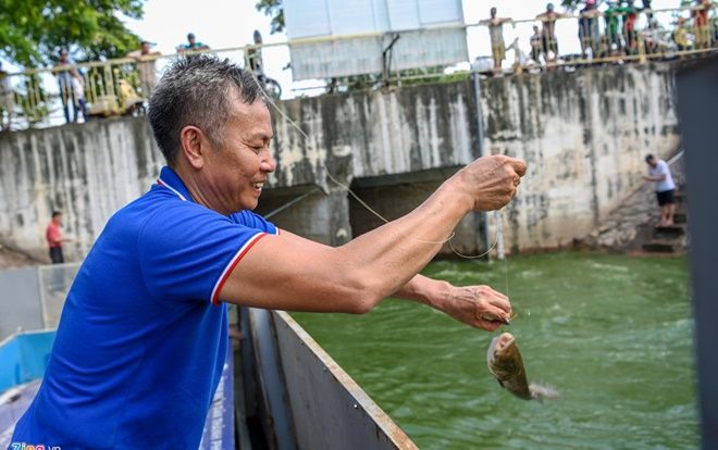 Nước sông Tô Lịch đổi màu xanh ngắt, dân mở hội câu cá