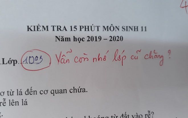 Thấy học trò đã lên lớp 11 nhưng vẫn ghi thông tin học lớp 10, cô giáo dạy sinh học đã có lời nhắc nhớ cực dễ thương khiến CĐM thích thú