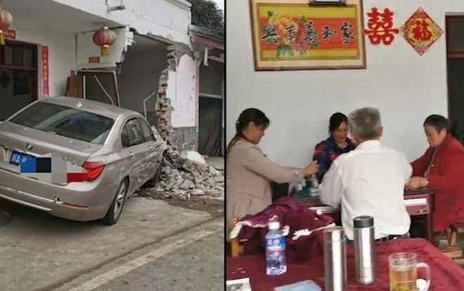 Xe BMW mất lái tông sập cả tường, cả gia đình vẫn mải mê đánh mạt chược