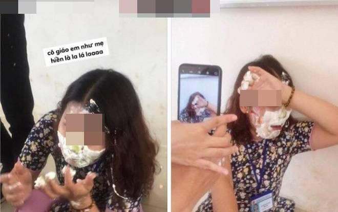 Học sinh trét bánh kem đầy mặt cô giáo chủ nhiệm để chúc mừng dịp 20/10, chụp ảnh 'khoe' Facebook bi chỉ trích nặng nề