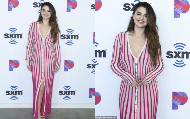 Selena Gomez giảm cân, đẹp nền nã trong bộ váy kẻ sọc sau ồn ào với chân dài Hailey Bieber