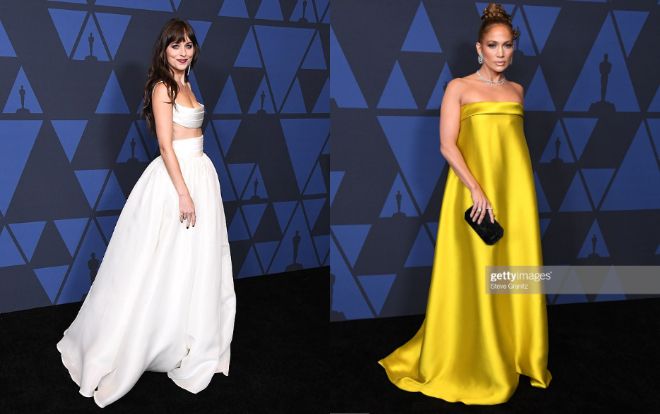 Jennifer Lopez và mỹ nhân '50 sắc thái' chiếm trọn spotlight trên 'thảm đen' trong các thiết kế váy đơn sắc