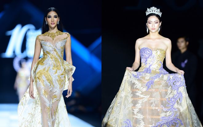 Hoàng Thùy catwalk siêu đỉnh, Lương Thùy Linh đội vương miện gãy song kiếm hợp bích trên sàn diễn