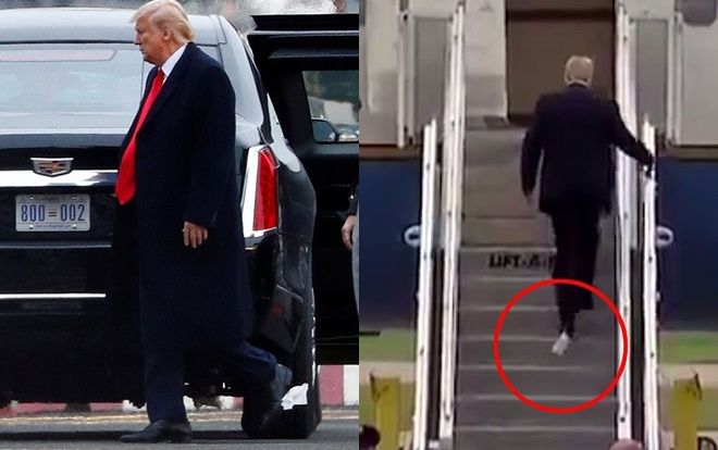 Tổng thống Trump lại bị dính giấy vệ sinh dưới đế giày khi lên máy bay