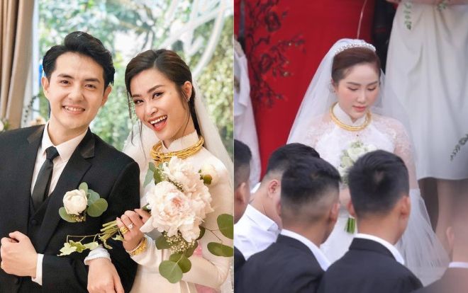 Áo dài cưới thì có thể khác nhau nhưng Bảo Thy, Đông Nhi đều nặng trĩu trang sức vàng trên cổ