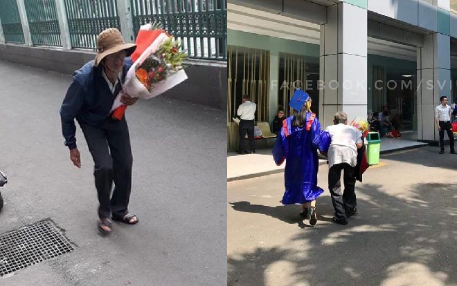 Hình ảnh người ông lưng còng cầm bó hoa đến tặng cháu trong ngày lễ tốt nghiệp Đại học gây xúc động mạnh