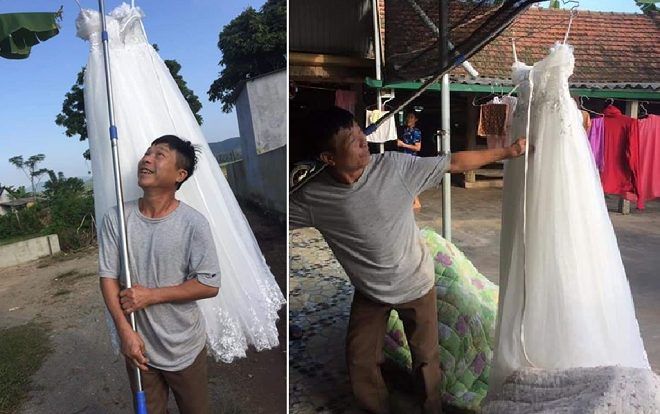 'Đẩy' được cô con gái ế đi lấy chồng, ông bố hí hửng đem váy cưới đi khoe khắp làng: Con gái tôi lấy chồng rồi đây này!