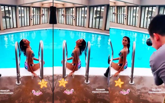 Được chọn vào top cao thủ bikini, Hoàng Thùy đốt cháy bể bơi, bất chấp cái lạnh cắt da thịt