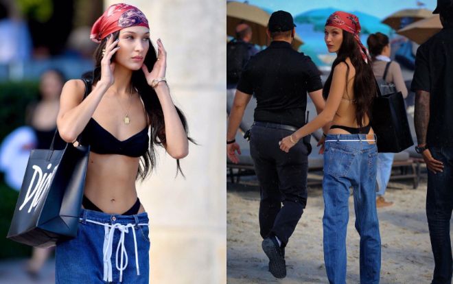 Bella Hadid mặc bikini mix cùng quần cạp trễ đẹp 'át vía' Kendall Jenner trên bãi biển