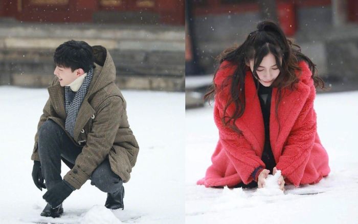 Đặng Luân, Angelababy chơi đùa như những đứa trẻ khi nặn người tuyết tại Cố Cung