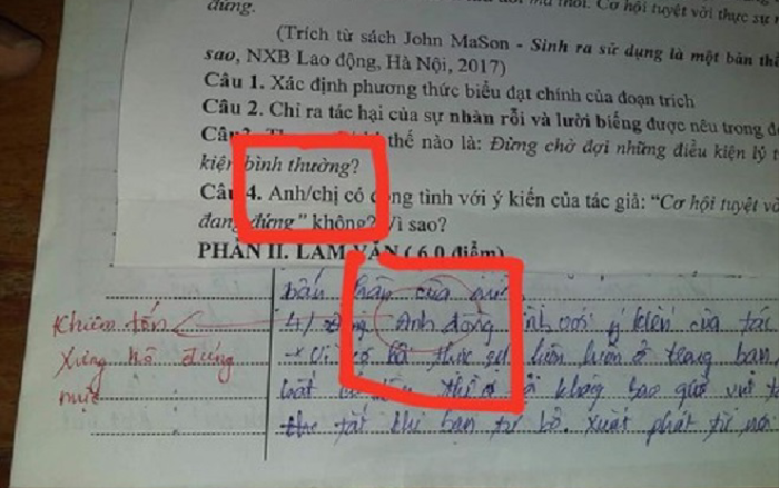 Nam sinh cả gan xưng 'Anh' trong bài kiểm tra và lời phê nhẹ nhàng nhưng sâu cay của giáo viên