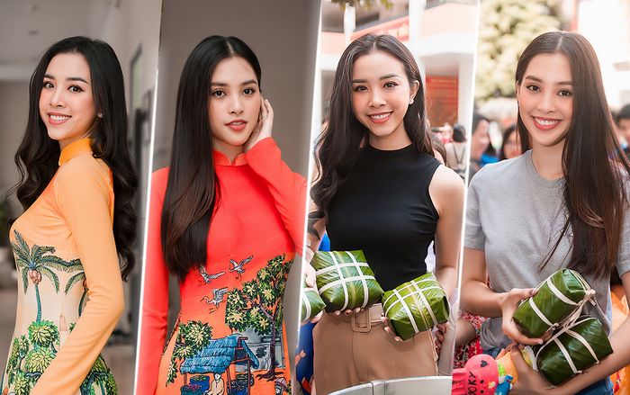 Tiểu Vy - Thúy An diện áo dài đẹp dịu dàng, gói bánh chưng tặng quà Tết cho trẻ em nghèo vùng cao