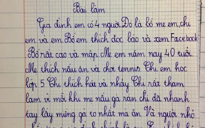 Bài văn tả thực 'bóc phốt' cả gia đình của cậu bé lớp 2 khiến CĐM ‘cười ra nước mắt’