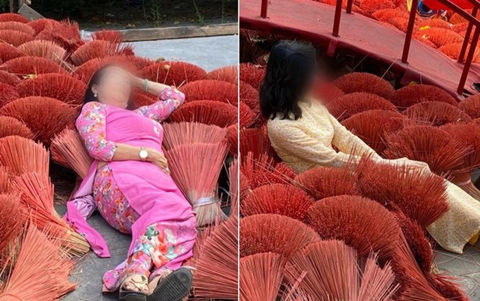 Mặc áo dài nằm đè lên những bó hương để chụp ảnh, hai người phụ nữ nhận 'gạch đá' từ dân mạng
