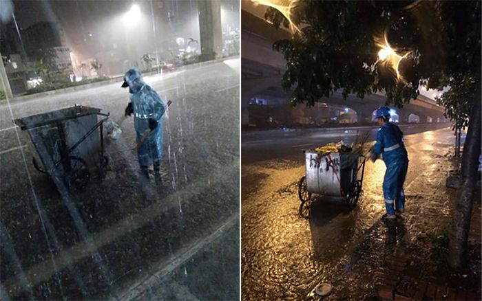 Lao công đội mưa làm việc trong đêm giao thừa khiến nhiều người xót xa