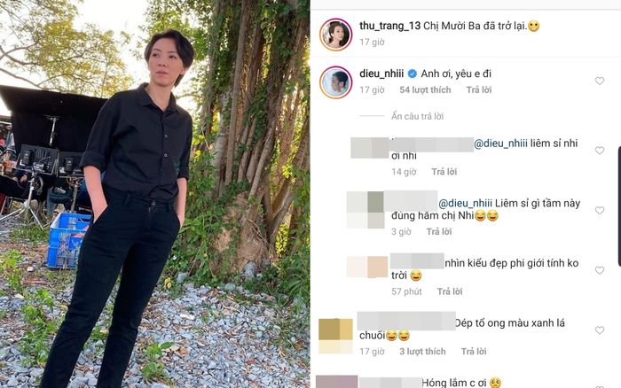 Thu Trang đóng bộ với cả cây đồ nam tính, điển trai đến mức Diệu Nhi vào bình luận: 'yêu em đi'