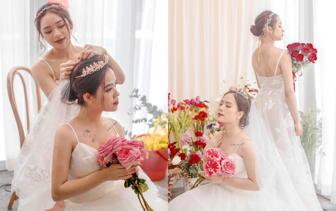 Bạn gái Quang Hải mặc váy cô dâu, xinh đẹp như thiên thần