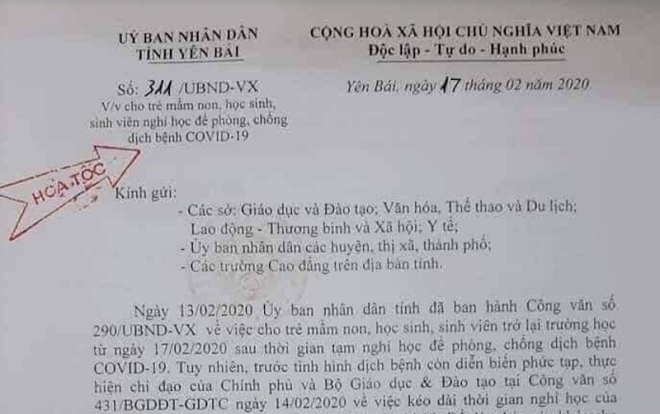 Công văn cho học sinh ở Yên Bái nghỉ học hết tháng 3/2020 là giả mạo