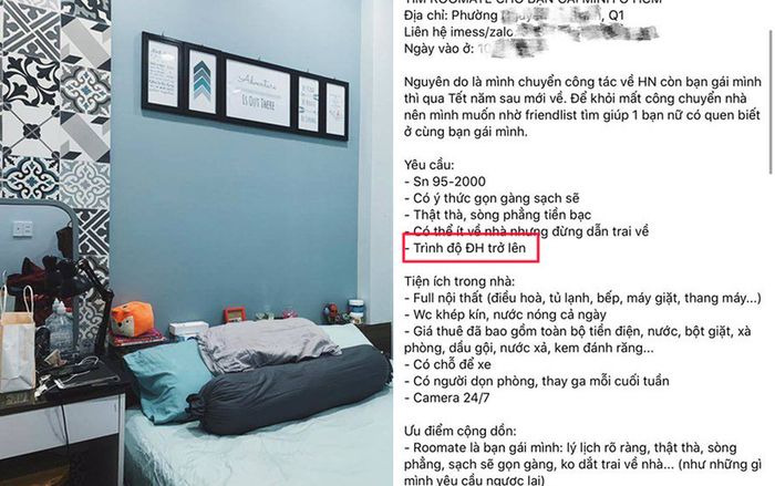 Tìm người ở ghép chung phòng trọ cho người yêu, nam thanh niên gây tranh cãi khi đưa ra yêu cầu 'trình độ Đại học trở lên'